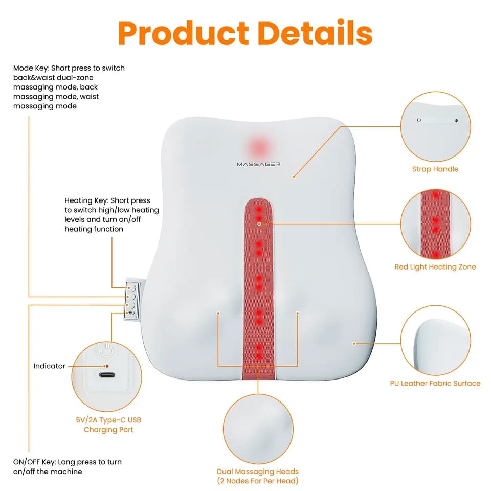 1 Set Shiatsu Back Massager 3D Deep Tissue Kneading Massage Pillow Cordless USB Rechargeable With 3 Massaging Modes 2 Heating Levels 10Mins Auto-Off For Back Shoulder Waist Lumbar No Chair