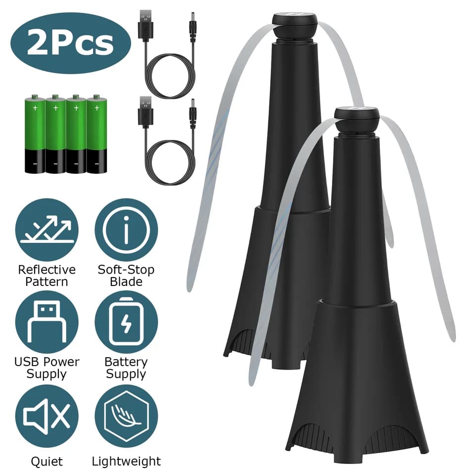 2 Pack Portable Reflective Fly Repellent Fan Rechargeable Battery Powered Table Food Fly Trap With Pattern Soft-Stop Blade Hanging Hook Indoor Outdoor Table