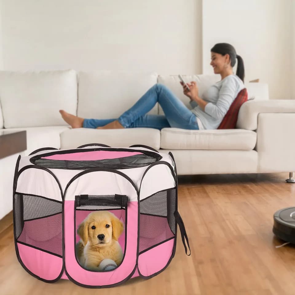 Pink-Blue Options -- 1 Pc Portable Foldable Pet Tent Exercise Pen Kennel Removable Zipper Top And Bottom Water Resistant Indoor Outdoor Use