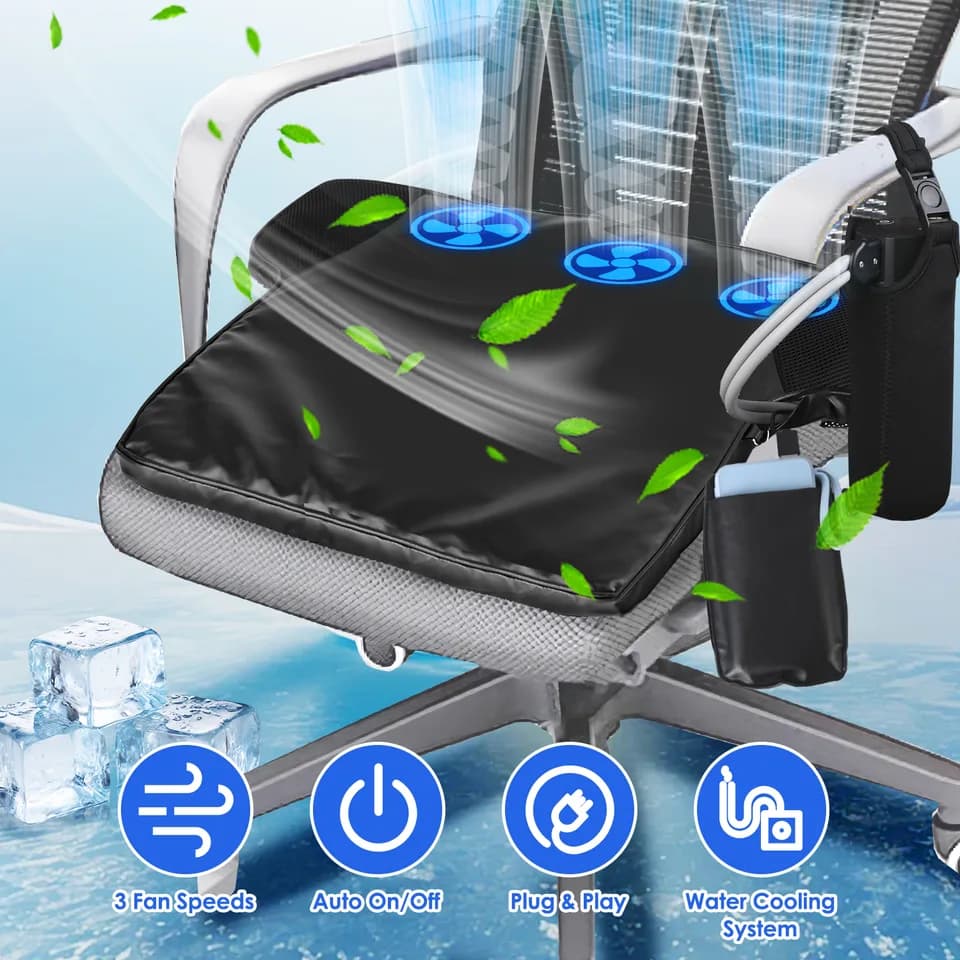 Summer Water Cooling System Seat Cushion With Fans 3 Speeds 78 Fehrenheit Constant Temperature USB Plug Portable Auto On-Off Ventilated Seat Cushion For Home Office Car
