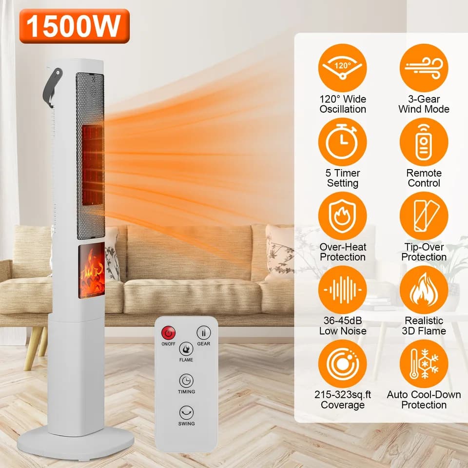 1500W Oscillating Ceramic Tower Space Heater With 3D Flame Portable Electric Heater With 3 Wind Modes Remote Control 5 Timer Overheat Tip-Over Protection For Bedroom Office