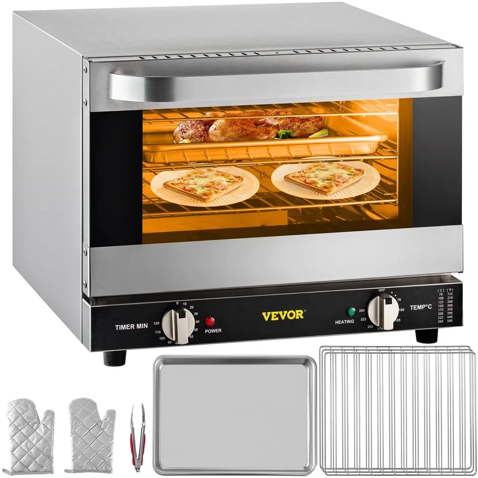 Commercial Convection Oven, 21L 19Qt, Quarter-Size Conventional Oven Countertop, 1440W 3-Tier Toaster W Front Glass Door, Electric Baking Oven W Trays Wire Racks Clip Gloves, 120V, ETL Listed