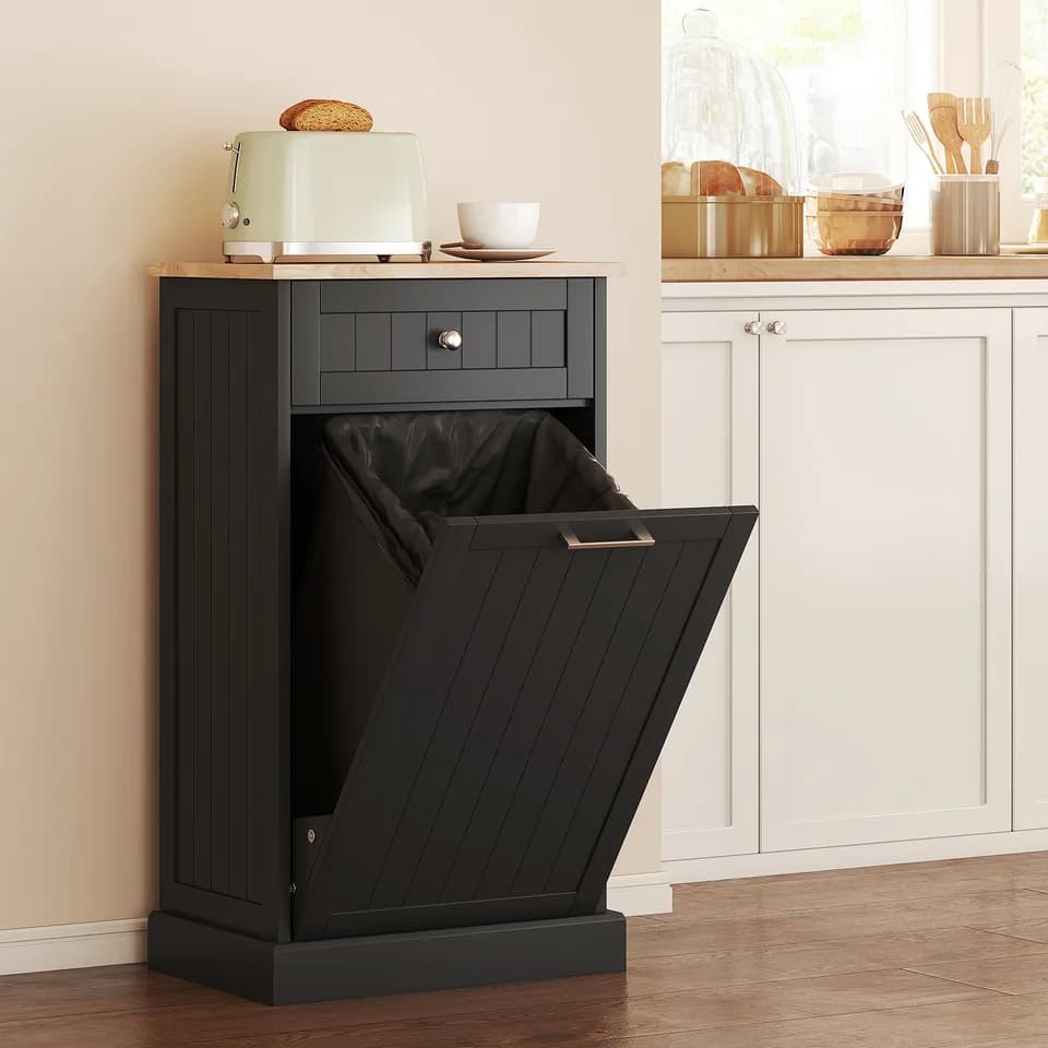10 Gallon Tilt Out Trash Cabinet, Wooden Hidden Trash Can with Storage Drawer for Kitchen, Laundry Hamper Cabinet for Bathroom, Black