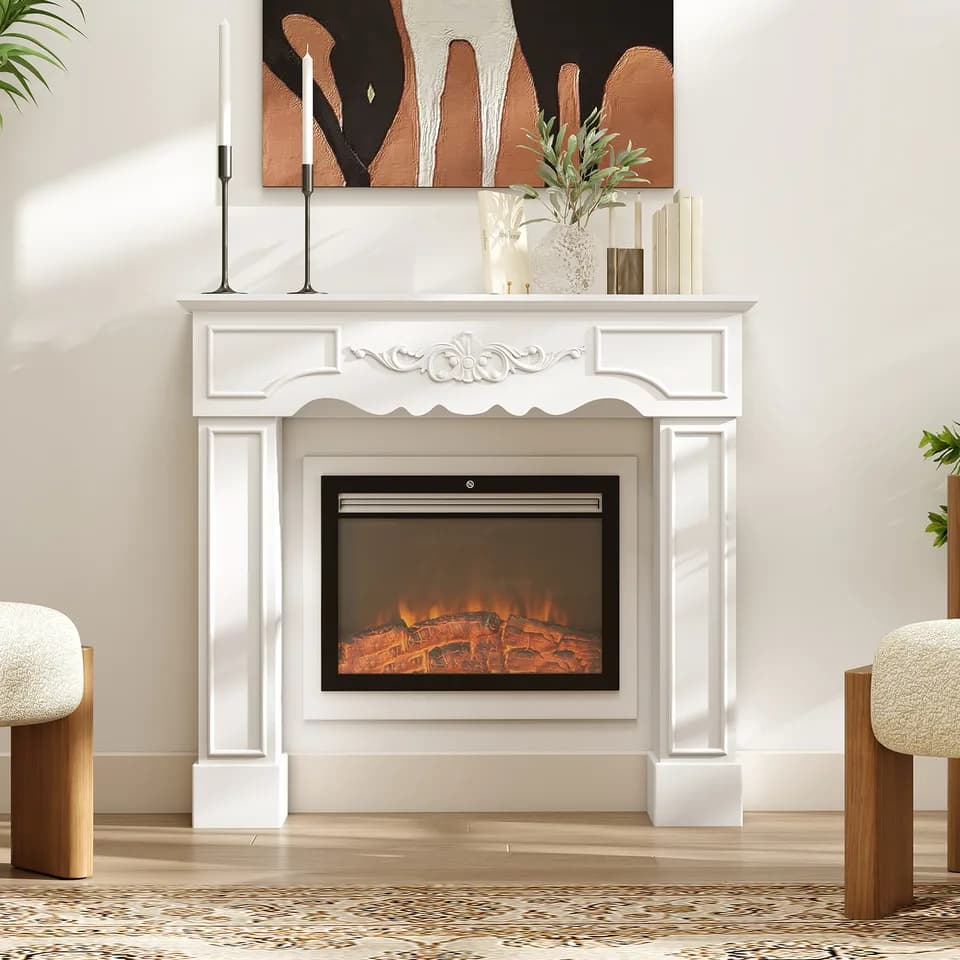 Baroque Fireplace Mantel, Freestanding Fireplace Surround with Leg for Electric Fireplaces, 43.3" W x 39.8" H, White