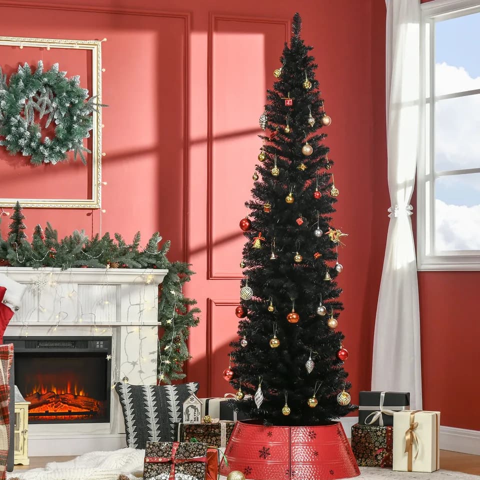 7' Artificial Pencil Christmas Tree, Slim Xmas Tree with 499 Realistic Branch Tips and Plastic Stand, Black