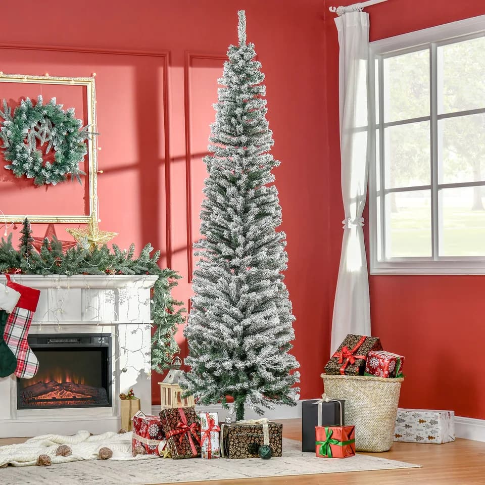 HOMOM 7.5ft Flocked Christmas Tree, Pencil Artificial Xmas Tree with Faux Snow, Dense Branches, Foldable Metal Base for Indoor Holiday Decor