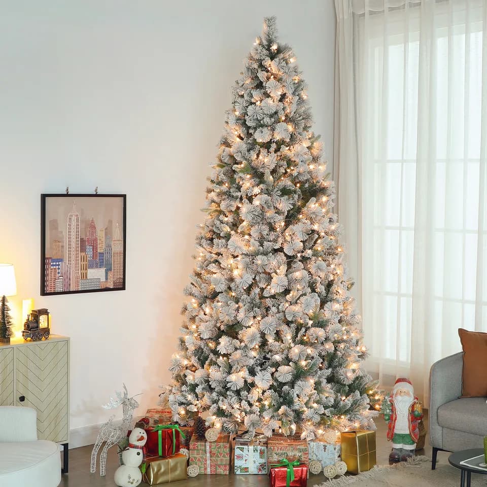9 ft Prelit Flocked Artificial Christmas Tree with 750 Clear Lights, 2387 Tips, Metal Stand for Home Office Holiday