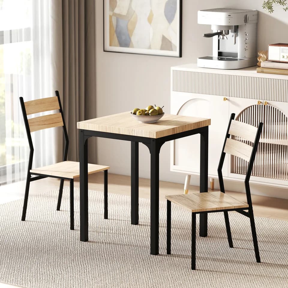 3 Piece Dining Table Set for 2, Modern Kitchen Table and Chairs, Dining Room Set for Breakfast Nook, Light Wood Grain