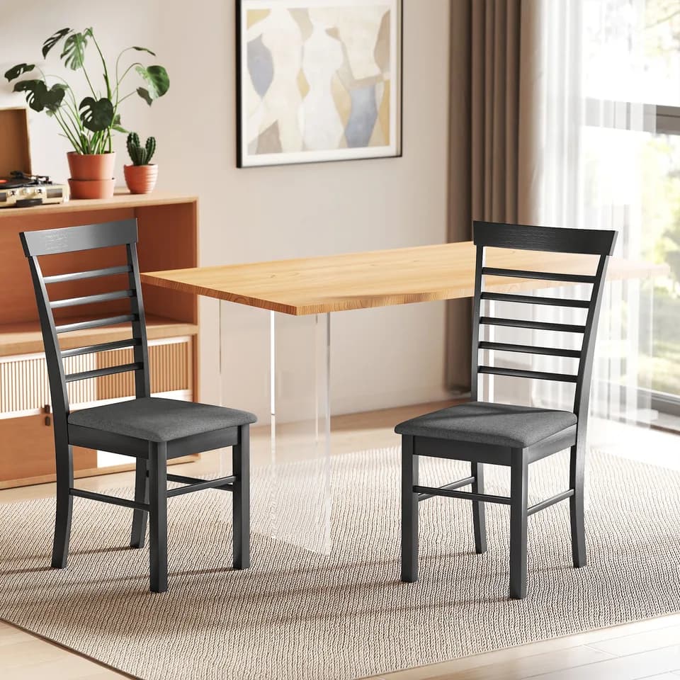 Wooden Dining Chairs Set of 2, Farmhouse Upholstered Kitchen Chairs with Rubber Wood Frame, Black and Gray