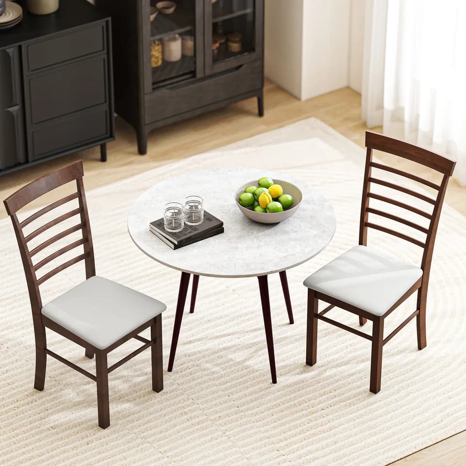 Wooden Dining Chairs Set of 2, Farmhouse Upholstered Kitchen Chairs with Rubber Wood Frame, Dark Brown and Beige