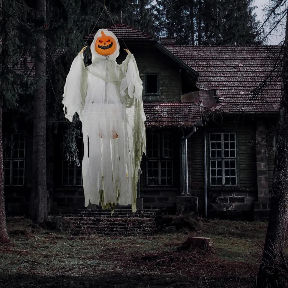 3.9 Outdoor Halloween Hanging Pumpkin Ghost w/ Light Up Eyes, Sound Activated Prop w/ Creepy Howling Sounds