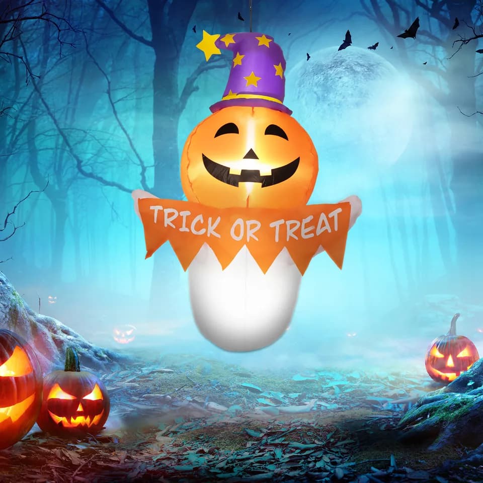3.4ft Inflatable Halloween Window Sticker Ghost with Orange Face, Blow Up LED Display for Garden Indoor Outdoor