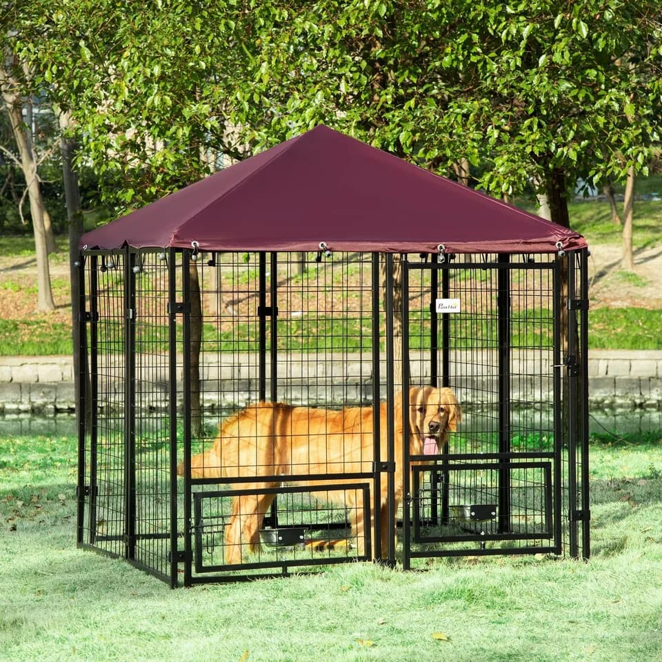 Outdoor Dog Kennel with Rotating Bowl Holders, Pet Playpen with Waterproof Cover, 4.6 x 4.6 x 5, Red