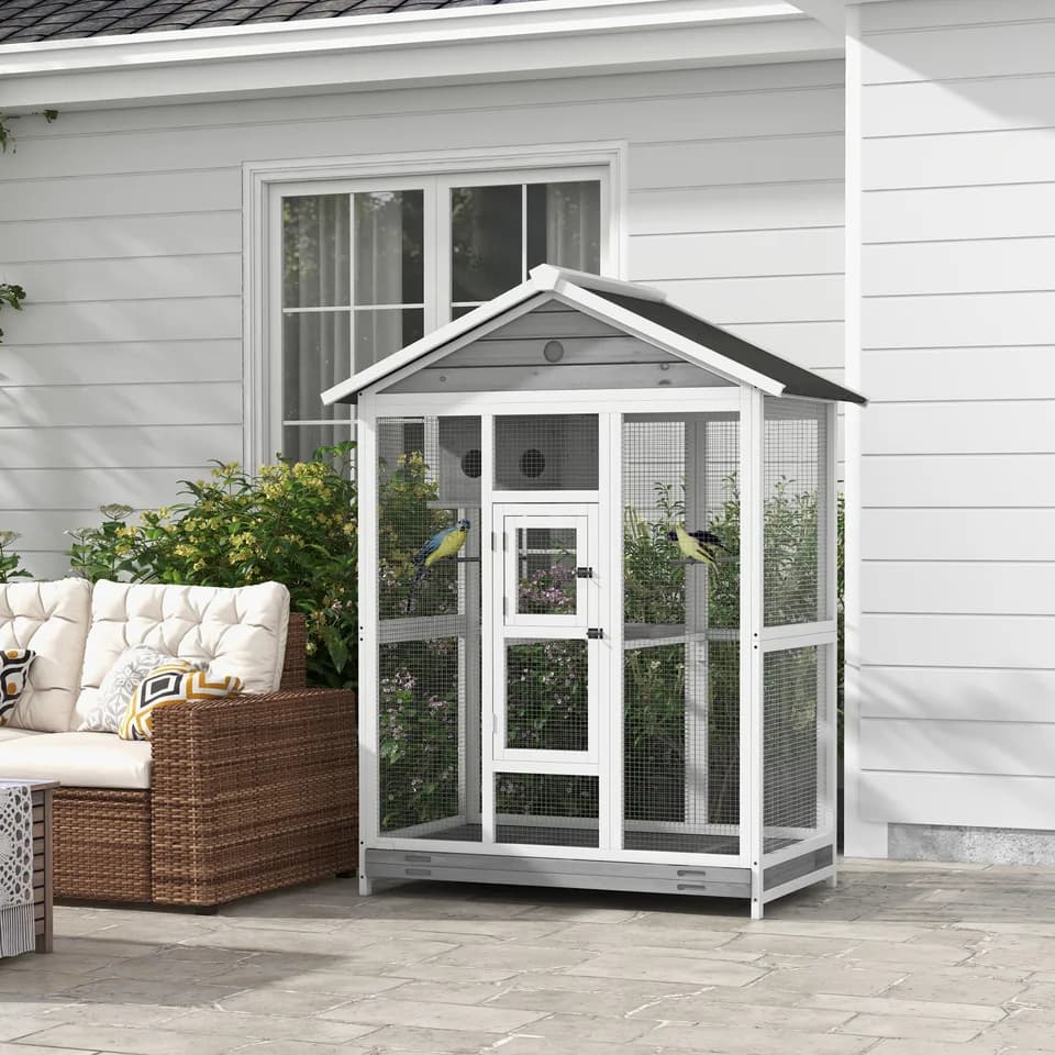 64.5" Wooden Bird Cage Aviary, Flight Cage with 4 Perches, Nest and Slide-Out Tray for Indoor/Outdoor, Gray