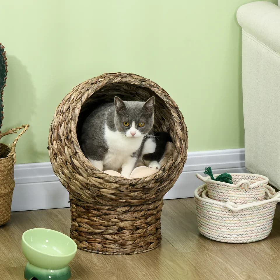 Handwoven Elevated Cat Bed with Soft Cushion & Egg Chair Shape, Basket Bed Kitty House with Stand, Raised Wicker House for Indoor Cats, 20" H, Gray
