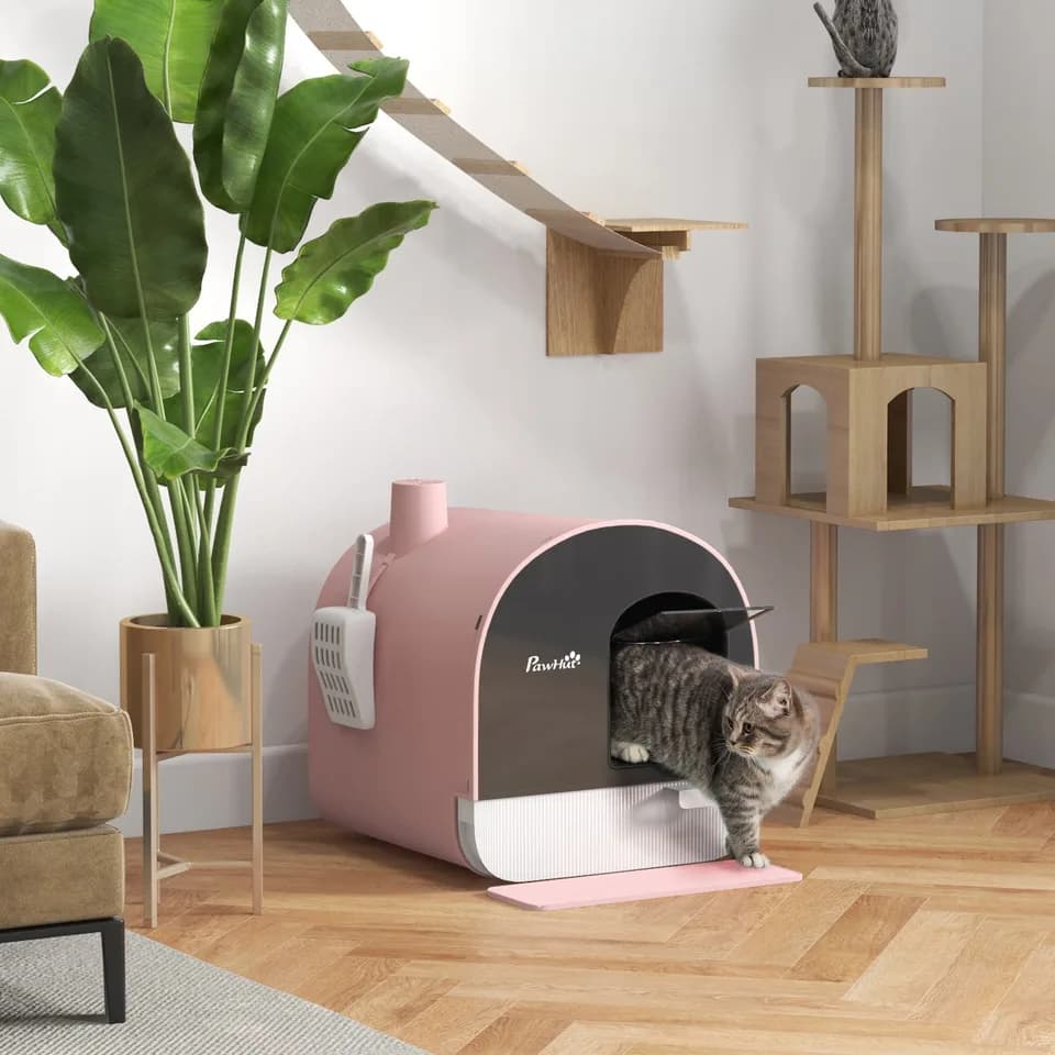 Cat Litter Box with Lid with Scoop and Filter, Pink