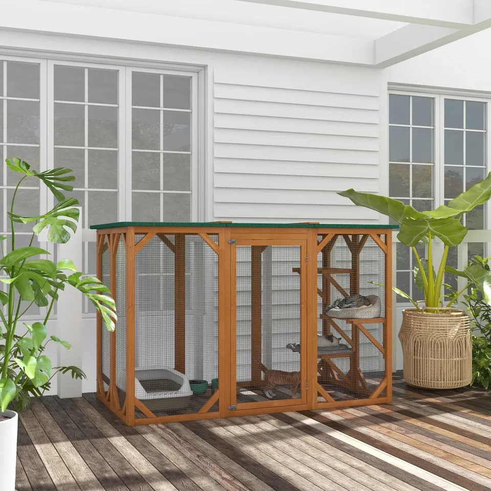Outdoor Cat House, Catio Wooden Feral Cat Shelter, Cat Cage with Platforms, Large Enter Door, Weather Protection Asphalt Roof, 71" L, Orange