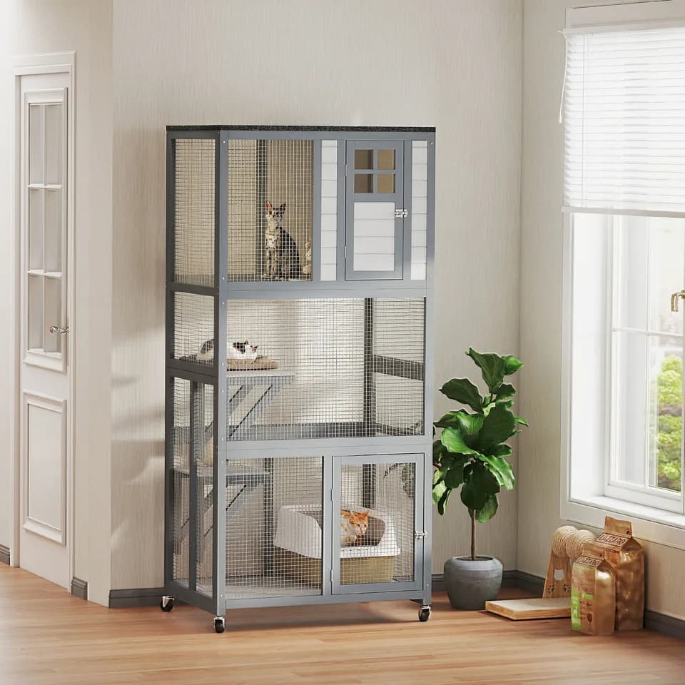 74" Wooden Outdoor Cat House Catio with High Weight Capacity, Cat Cage Condo, Dark Gray