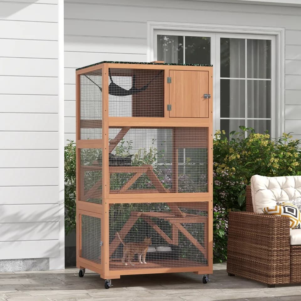 Catio, Outdoor Cat Enclosure House on Wheels with Hammock, Orange