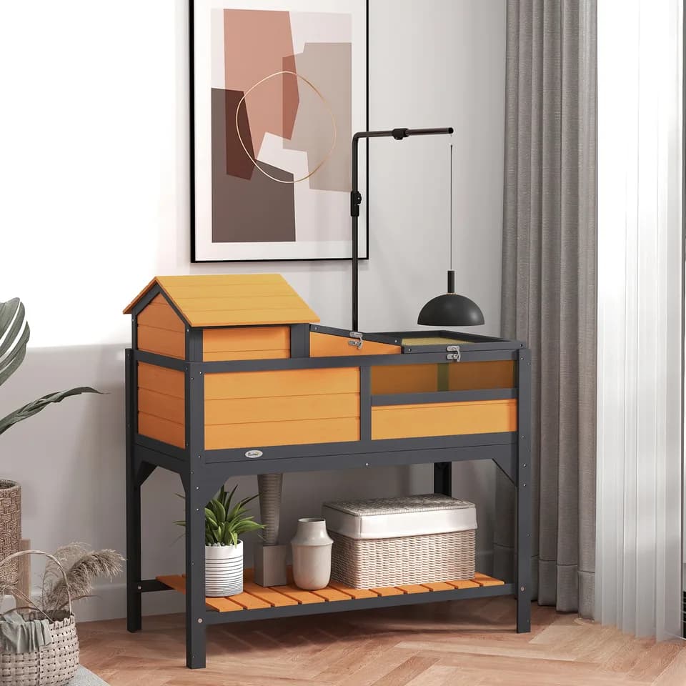 Tortoise Enclosure Tortoise House w/ Adjustable Lamp Holder, Storage Shelf, Removable Main House, Openable Lid, Yellow