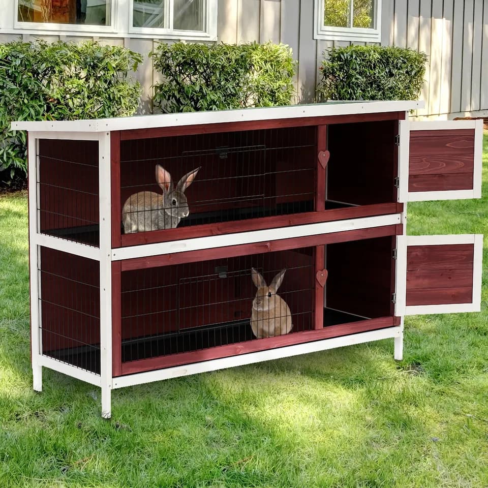 54" 2-Story Weatherproof Stackable Elevated Wooden Rabbit Hutch with Enclosed Run and Pull-Out Trays