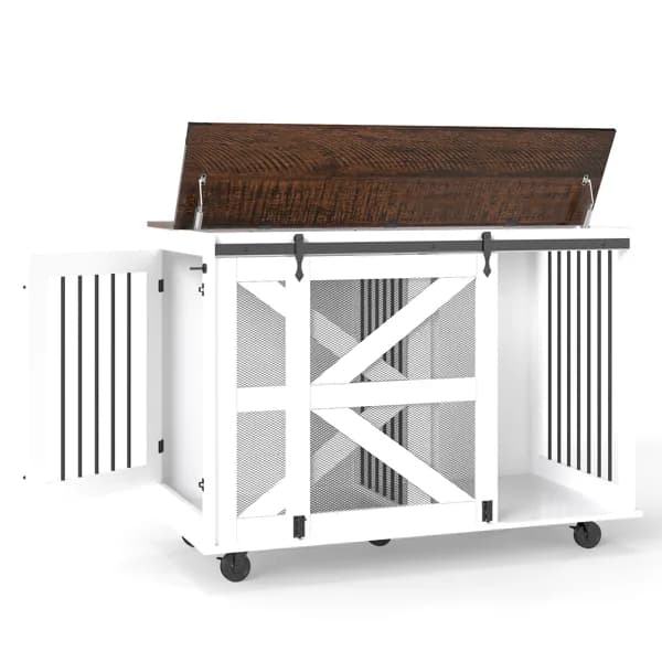 47.2" Mobile Dog Crate With Flip-Top Feeding Door, Dual-Access & 5 Caster System (2 Locking), Side Hooks - Multi-Functional Pet