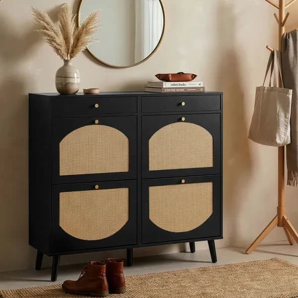 Rattan Shoe Cabinet With 2 Drawers And 4 Flip-tops, Made Of Particleboard, 105*24*110cm, Black