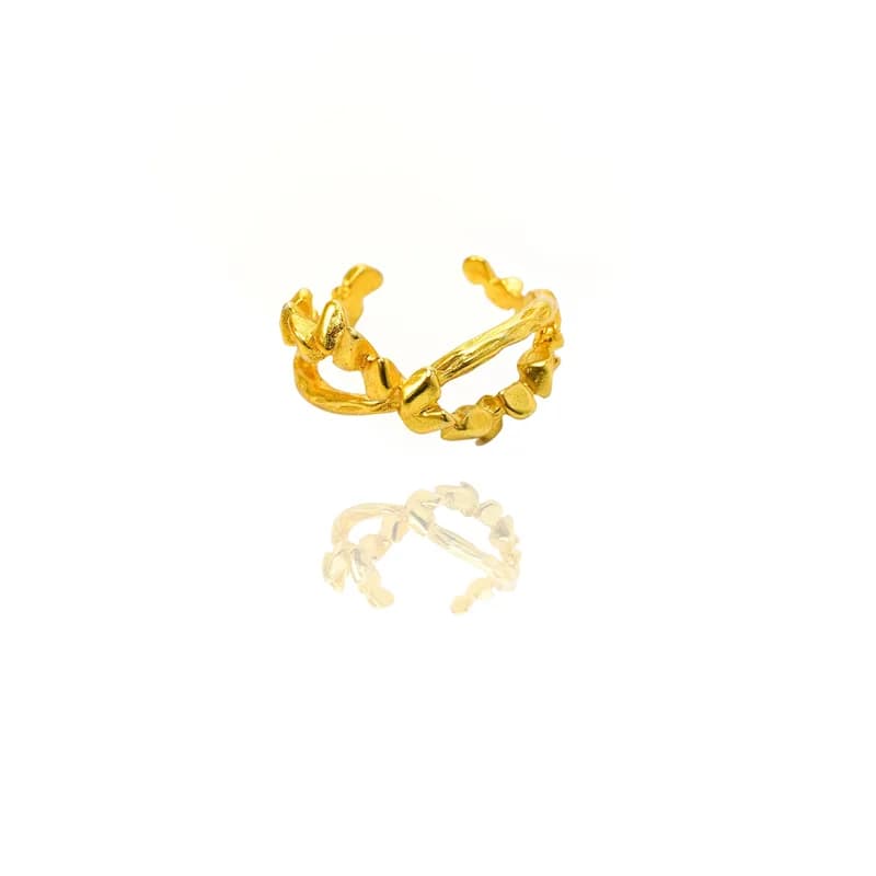 24k Gold Jewelry,Open Ring For Women, Handmade Adjustable Ring, Minimalist Stackable Ocean Themed Gift, Bold Exaggerated Irregular Wavy Trendy Ribbed Jewelry, Textured Patterned Fashion Accessories, V