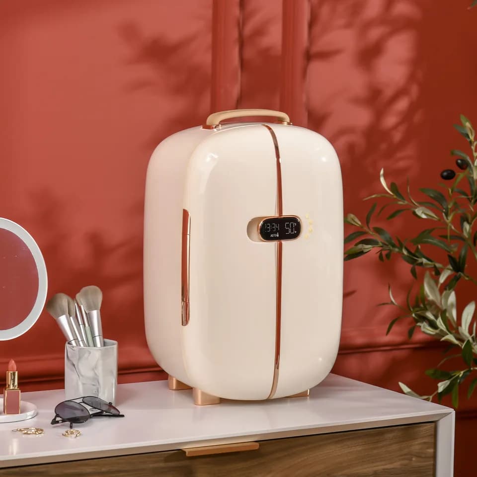 Portable Skincare Fridge with LED Display, 12L Mini Fridge for Beauty, Makeup and Cosmetics, Small Refrigerator Cooler for Bedroom, Home Office, Desktop, White