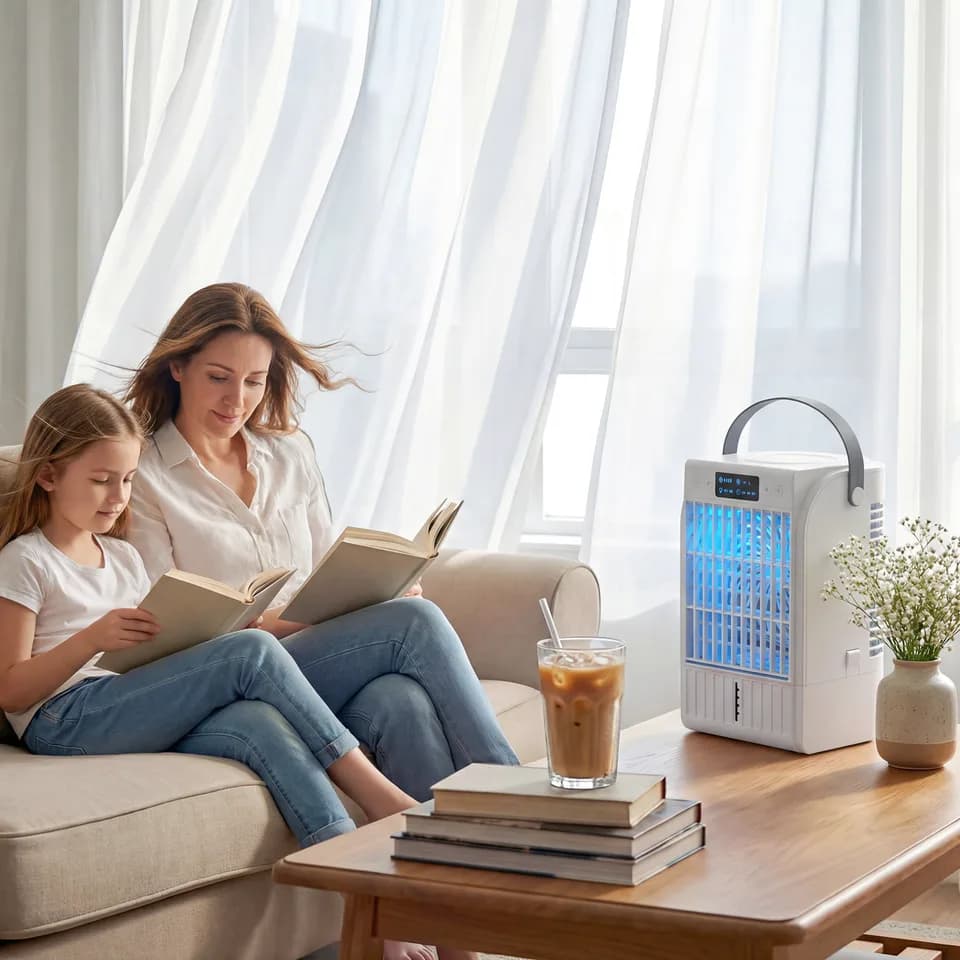Portable Air Conditioner, 4-in-1 Mini Air Cooler with 4 Wind Speed, 2 Mist Mode, RGB 7 LED Light