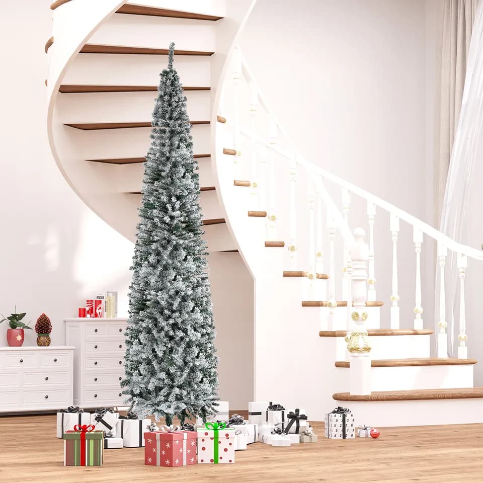 HOMOM 9ft Flocked Christmas Tree, Pencil Artificial Xmas Tree with Faux Snow, Dense Branches, Foldable Metal Base for Indoor Holiday Decor