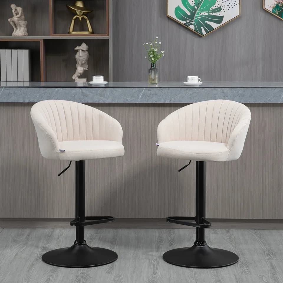 Modern Upholstered Adjustable Barstools with Swivel Seat, Linen Touch Fabric, Steel Frame, Footrest, Beige
