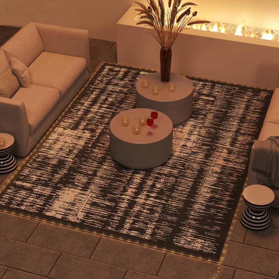Reversible Outdoor Rug Carpet with LED Lights, Carry Bag & Ground Stakes for Backyard, Deck, Picnic, Beach, 12 x 9