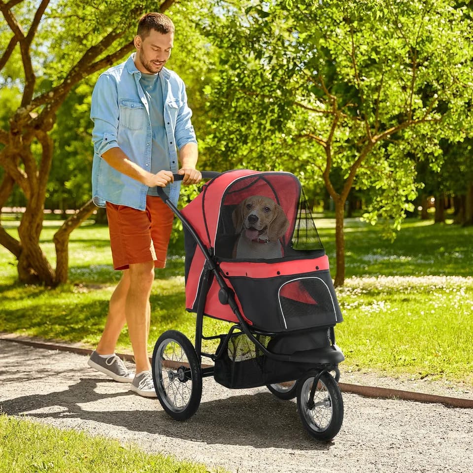 3 Wheels Pet Stroller for Small Dogs and Medium Dogs with Adjustable Canopy, Safety Tether, Storage Basket, Red