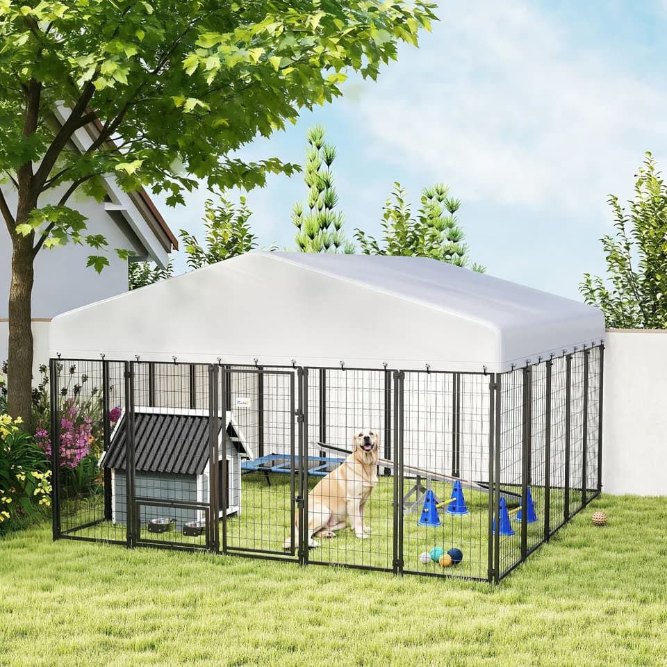 9.8 x 9.8 x 6 Outdoor Dog Kennel, Dog Kennel Outside Run with 360° Rotating Bowls, Waterproof & UV Resistant Cover
