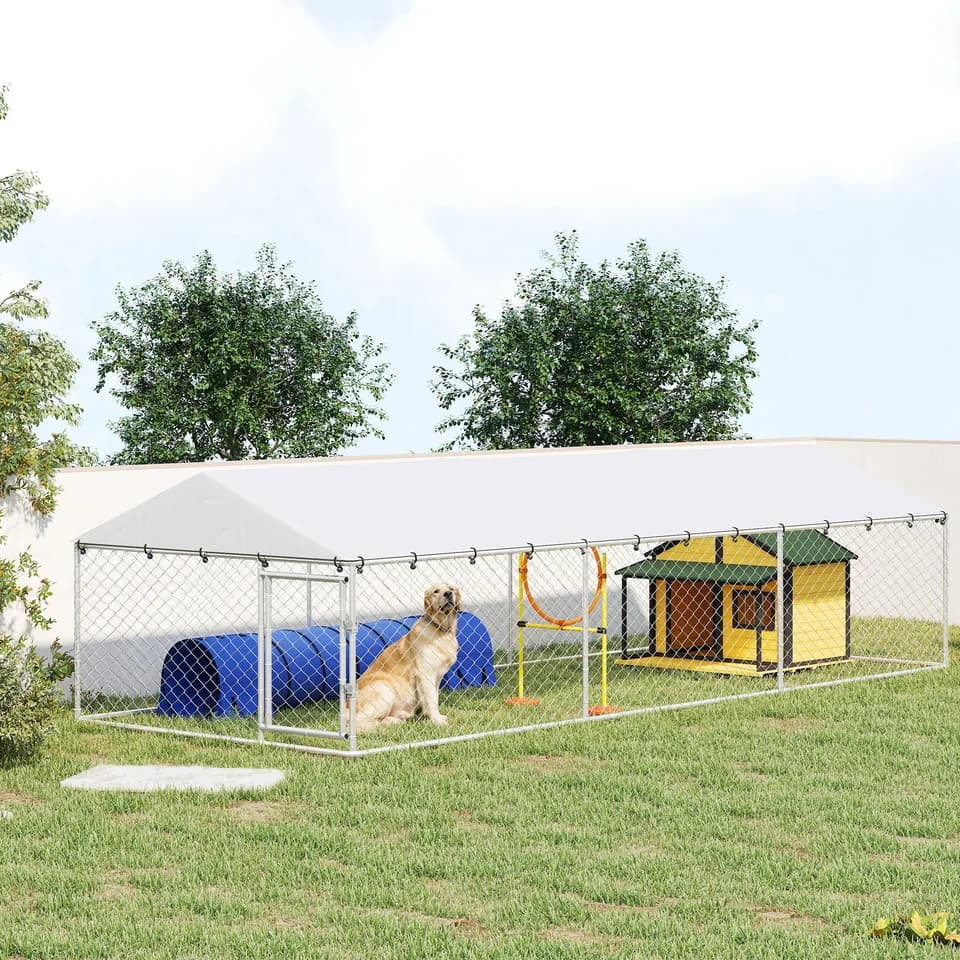 20 x 7.5 x 5 Dog Kennel Outdoor for Large Dogs with Waterproof Roof, Silver