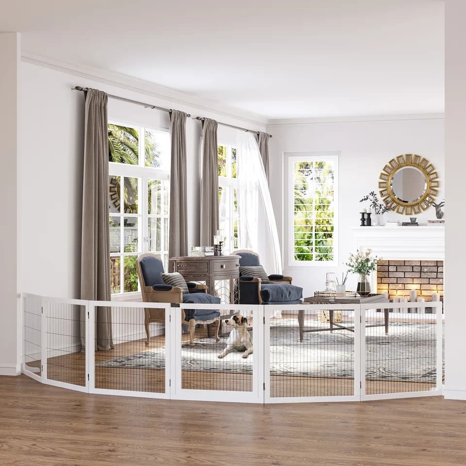 Wooden Pet Gate, 6-Panel Folding Dog Safety Barrier with Support Feet for Small & Medium Dogs, White