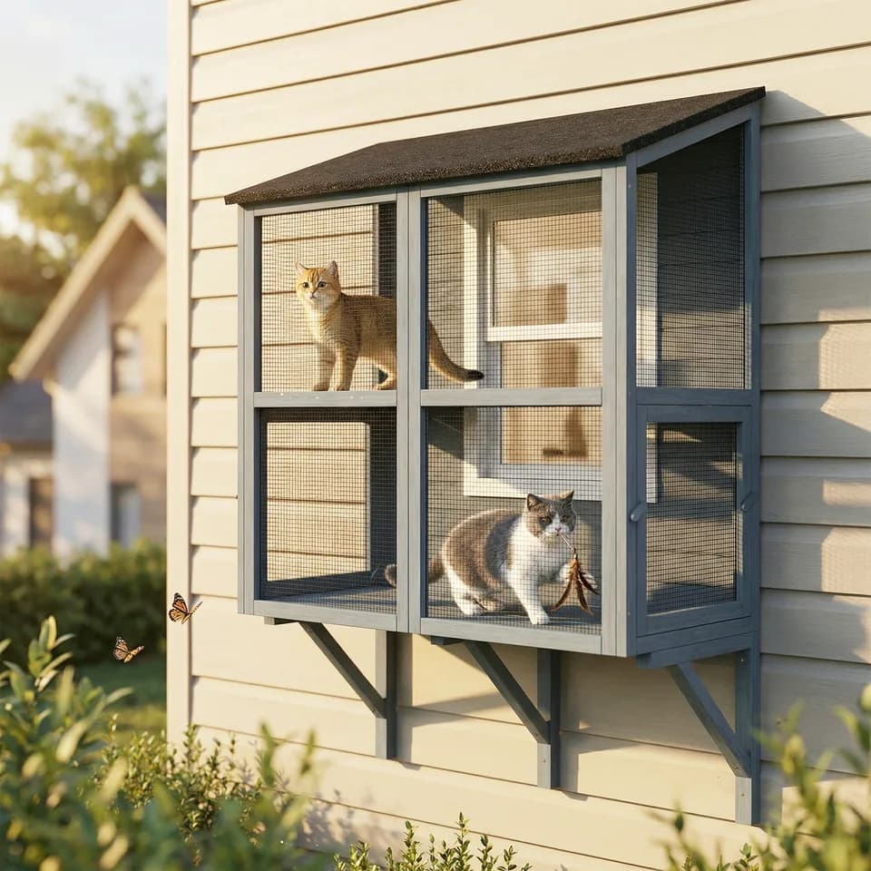 Catio Outdoor Cat Enclosure Outdoor Window Box Cat House with Waterproof Roof 39.4"L Gray