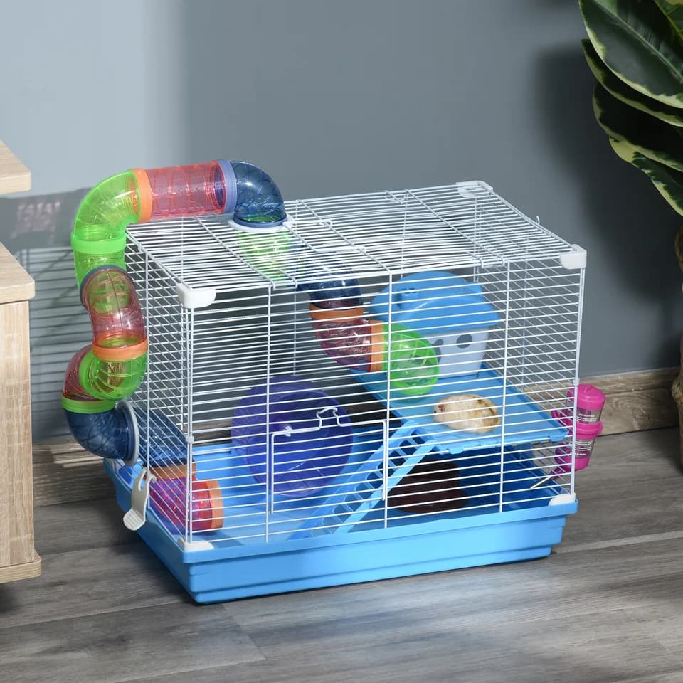 2-Level Hamster Cage Rodent Gerbil House Mouse Mice Rat Habitat Metal Wire with Exercise Wheel, Play Tubes, Water Bottle, Food Dishes, &