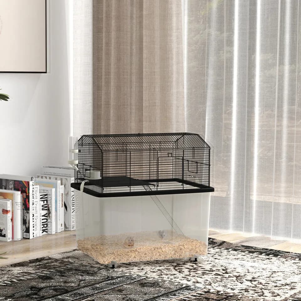 22" 2-Tier Hamster Cage with Extra-Deep 14" Base, Small Animal Cage with Ramp, Water Bottle, Food Dish, Wheels, Black