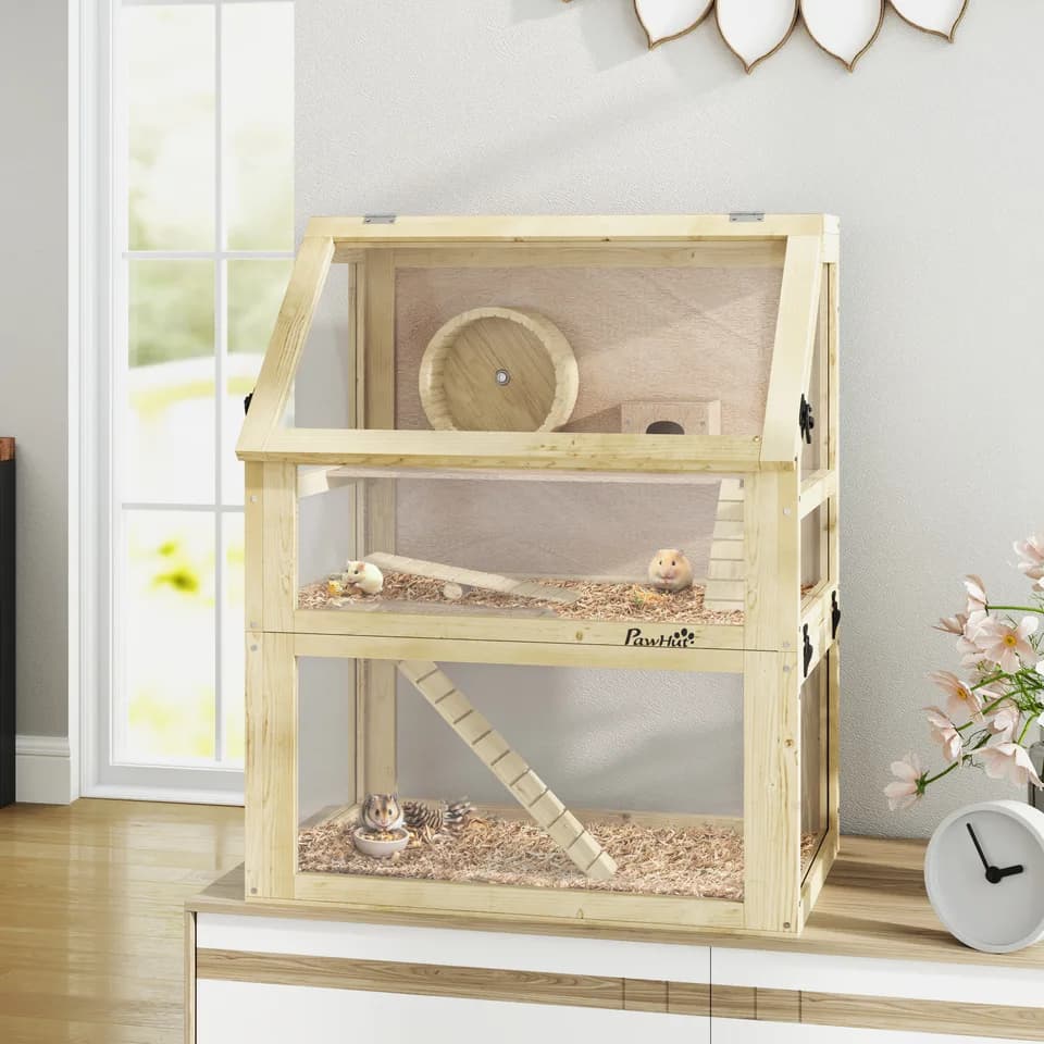 3 Tier Wooden Hamster Cage w/ Detachable Bottom, Hut, Seesaw, Exercise Wheel, Ramps, 24" x 16" x 29.5"
