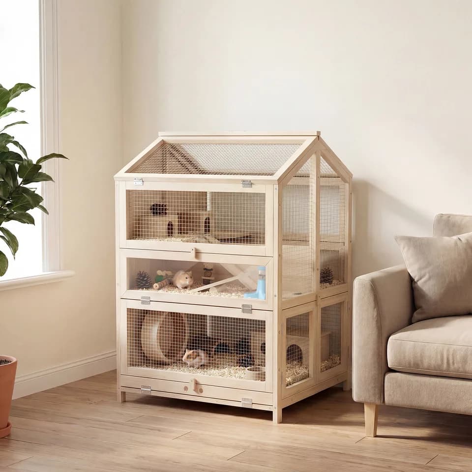 Wooden Hamster Cage, Large 3 Tier Hamster Cage w/ Pull-Out Tray, Openable Top, Hut, Seesaws, 26.8"L x 24.2"W x 35.4"H