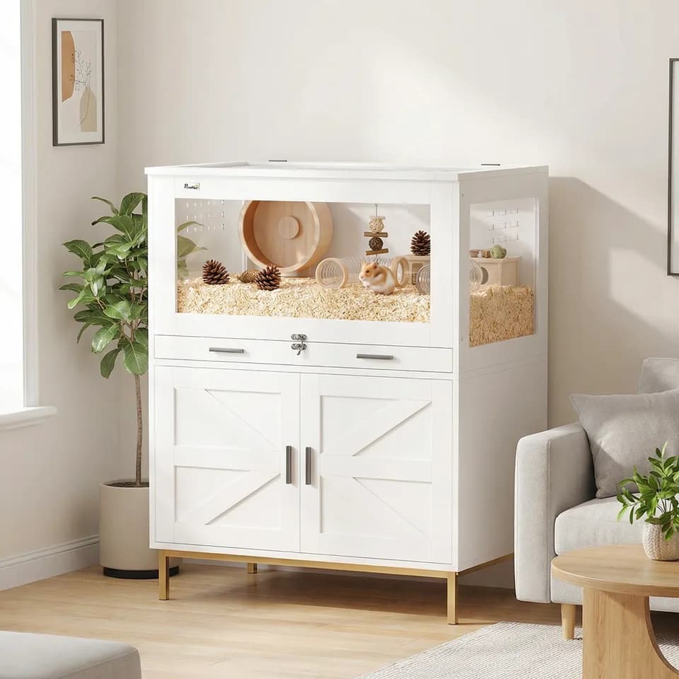 Hamster Cage with Storage Cabinet, Small Animal Cage with Pull Out Drawer and Acrylic Panels, 30" x 19.5" x 36"