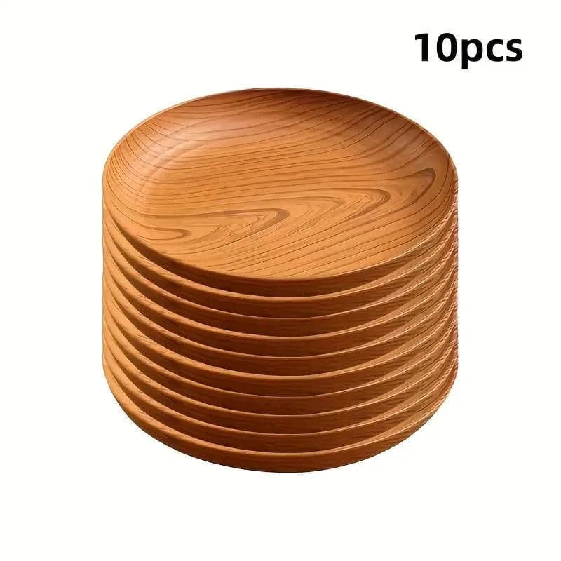 10 Creative Wood Grain Plastic Plates - Round Striped Design, High-Quality Lightweight, Suitable For Home, Dessert Shops