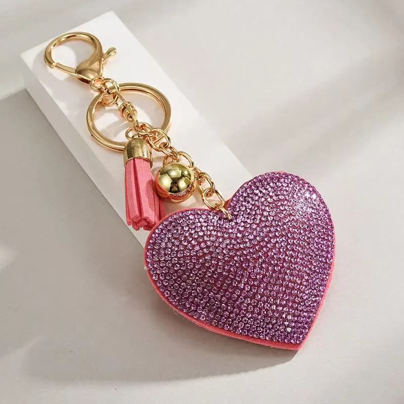 Heart-shaped Rhinestone Leather Keychain With Tassels