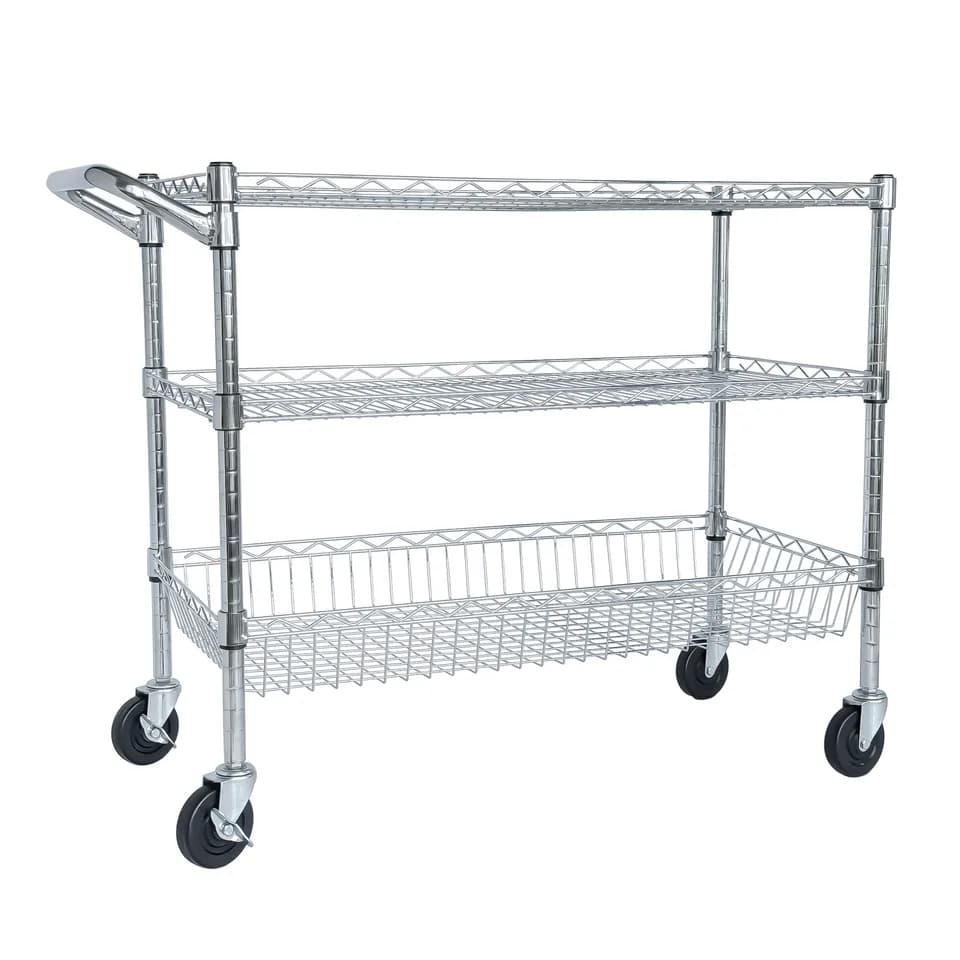 Heavy Duty Rolling Utility Cart,3 Tier Rolling Carts With Wheels,with Handle Bar & Shelf Liners,36inchx18inchx32inchStorage Cart For Kitchen,Restaurant,Plant Display,Chrome