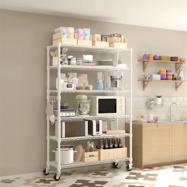Six-layer Freely Combinable Disassemblable Strip With 1 Row Of Side Hooks, With Adjustable Feet And Wheels. Display Stand. Iron. 117x45x208cm. Powdered White.