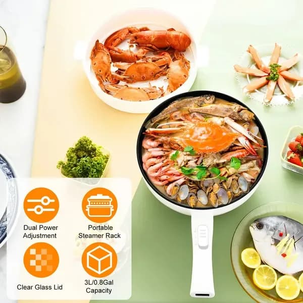 Electric Hot Pot Non-Stick Frying Pan Portable Rapid Noodles Cooker With Long Handle Steamer Spatula Dual Power Control Overheat Dry-Boil Protection For College Dorm Room Essential