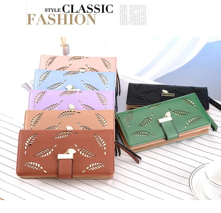 Women's Fashion Long Wallet Clutch - Elegant Hollow Out Leaf Design Zipper Closure Wristlet Handbag With Card Slots & Phone Compartment, Trendy Evening Purse For Ladies & Girls