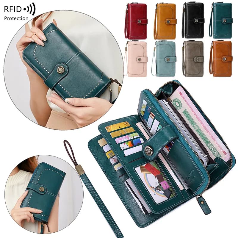 RFID Blocking Women's Long Zipper Wallet, Large Capacity Clutch Purse For Daily & Travel Use, Multi Card Holder Ladies Wallet